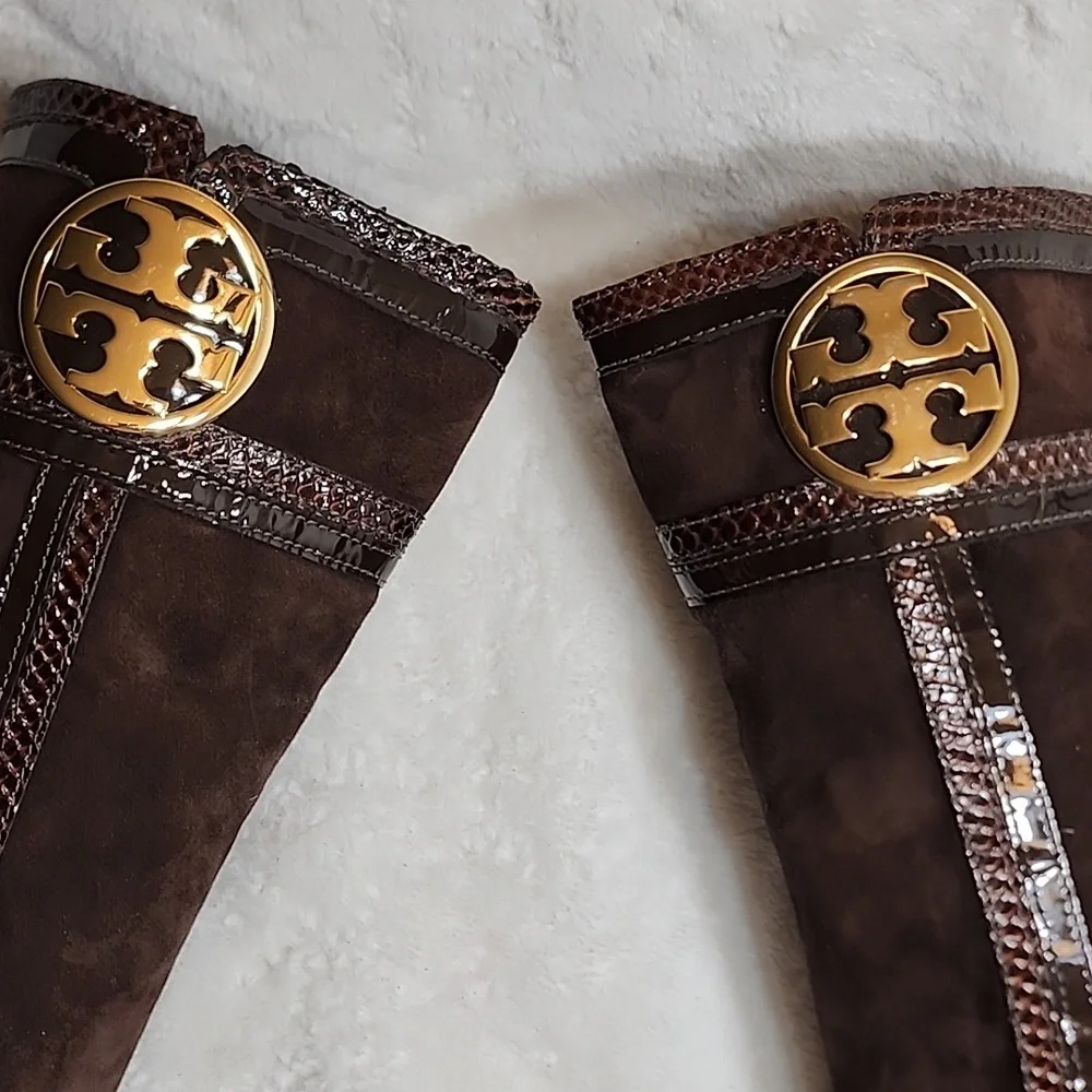 Tory Burch Uma Brown Genuine Suede Knee High Full Zip Trim Riding Boots Sz 7 - Picture 7 of 16